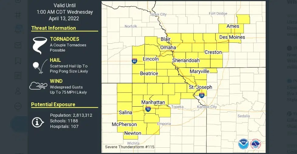 WEATHER: Severe thunderstorm watch for Chase, Morris, Wabaunsee counties until 1 am Wednesday