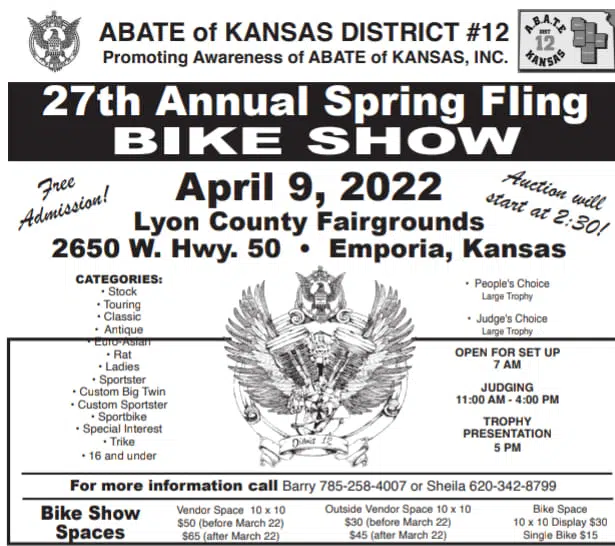 27th annual Abate of Kansas Spring Fling Bike Show coming Saturday