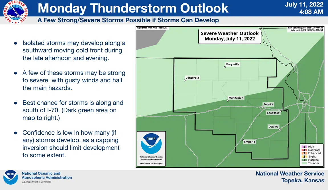 Slight overall storm risk leads to marginal severe weather risk Monday evening