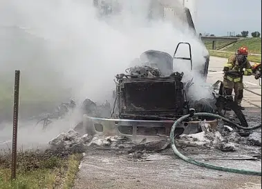 Olathe truck driver unhurt, but semi tractor unit destroyed by fire near Emporia