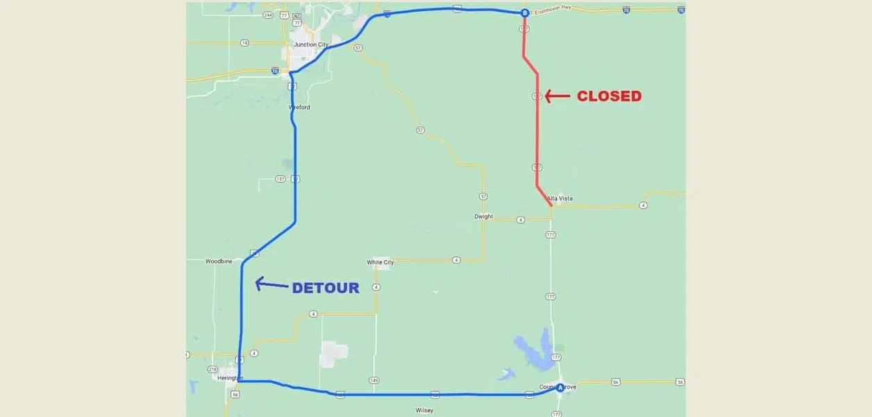 Lengthy official detour remains in place for K-177 drivers north of Council Grove as reconstruction Phase 2 begins