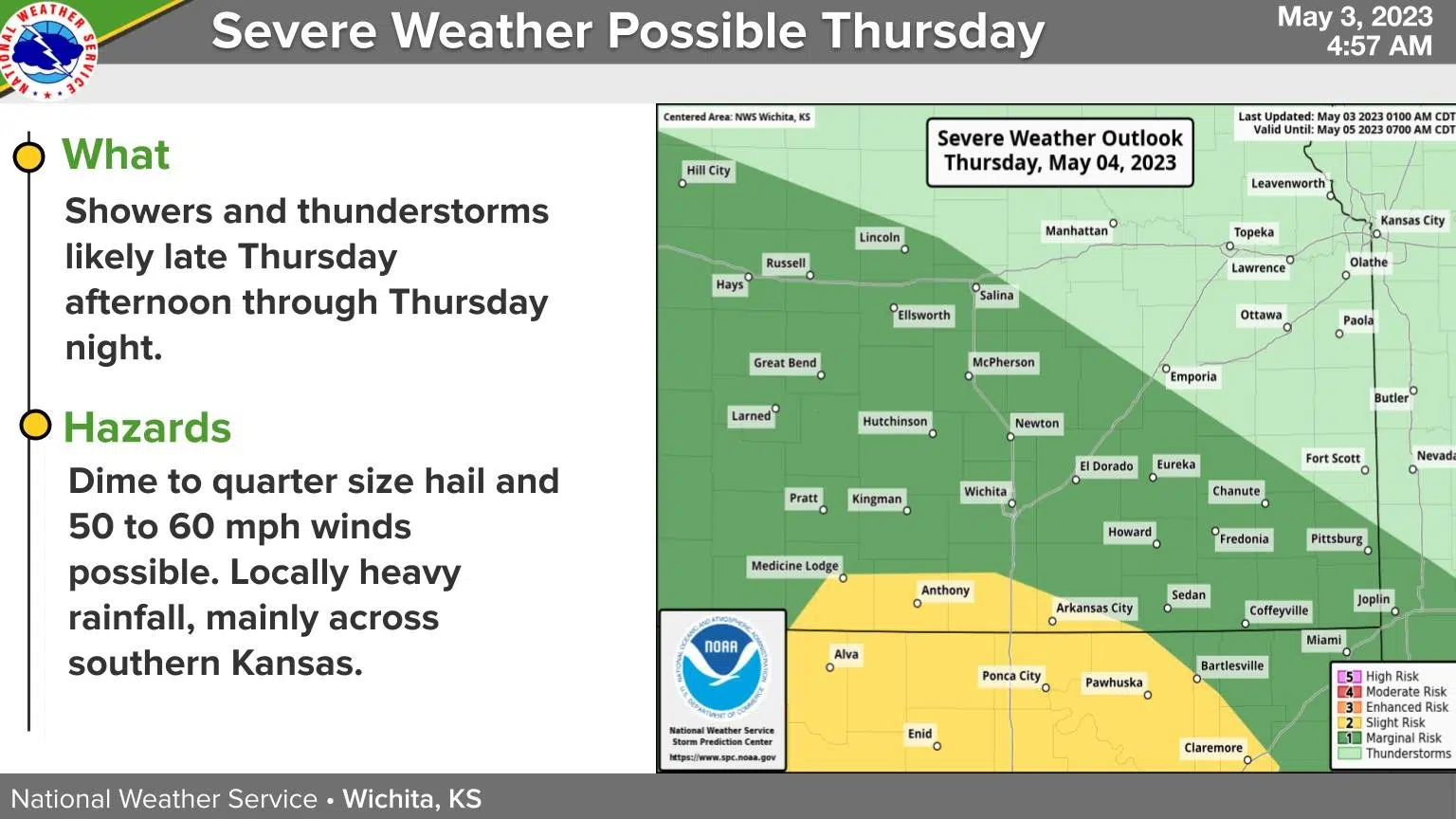 WEATHER: Unsettled pattern begins early Thursday; marginal severe risk for part of KVOE listening area late Thursday