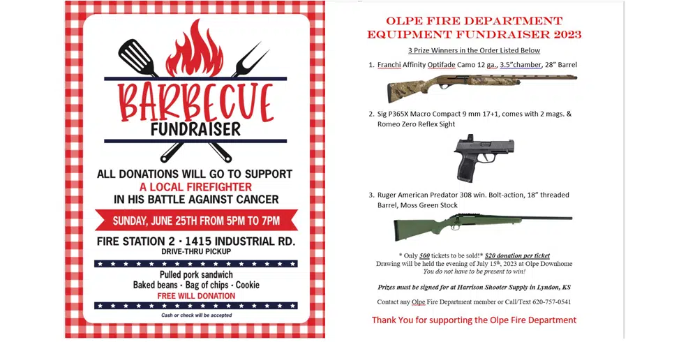 Emporia Fire Department holding BBQ fundraiser for cancer-stricken firefighter; Olpe FD holding gun raffle for equipment