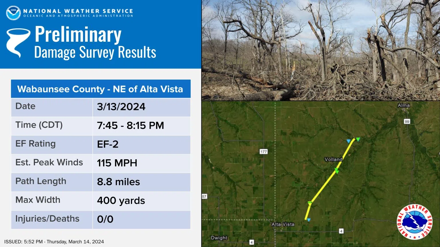 WEATHER SERVICE: EF-2 tornado cuts through rural areas of Wabaunsee County