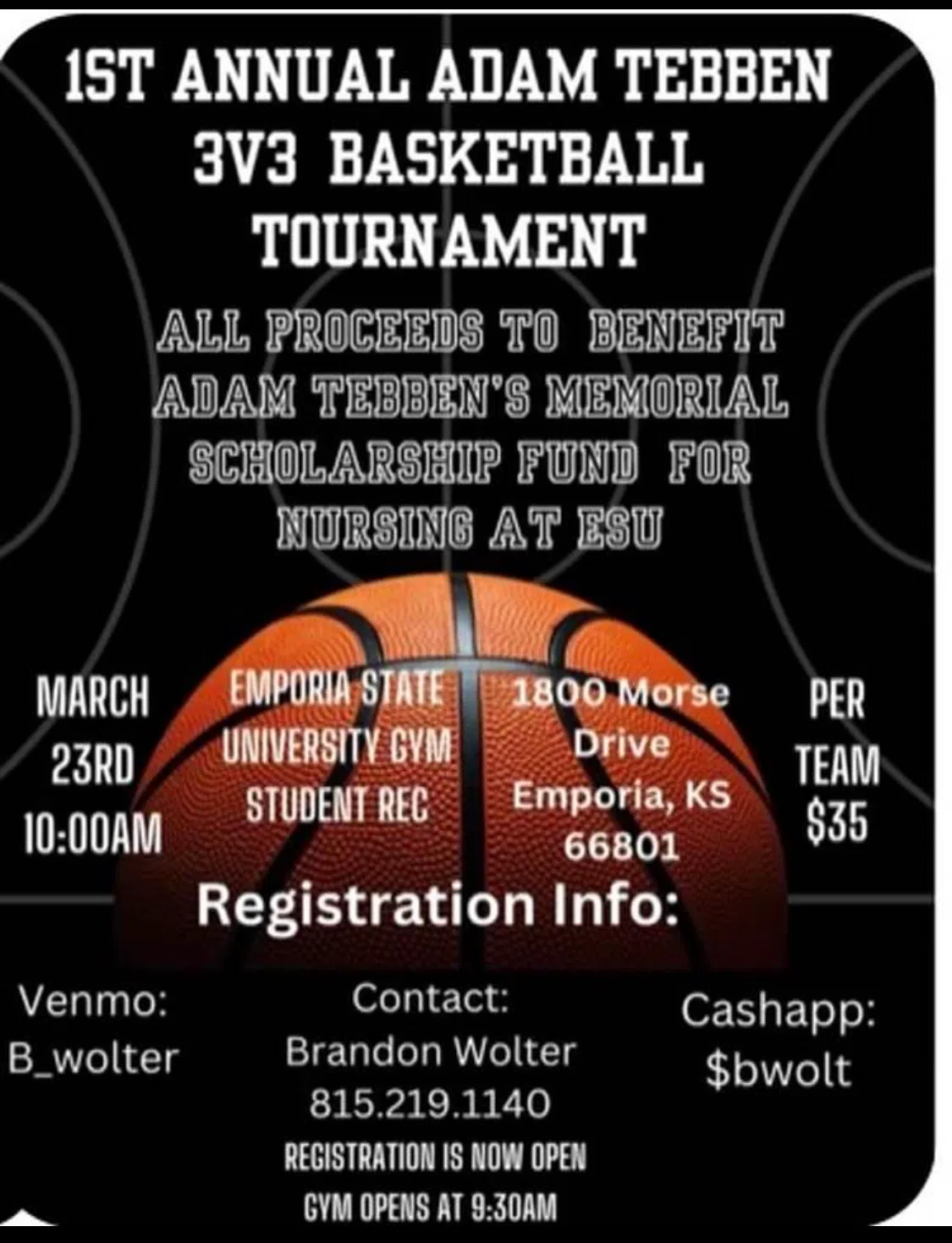 1st annual Adam Tebben 3-on-3 Basketball Tournament set for Saturday