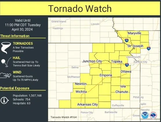 WEATHER: Tornado watch in effect for entire listening now through 11 pm Tuesday