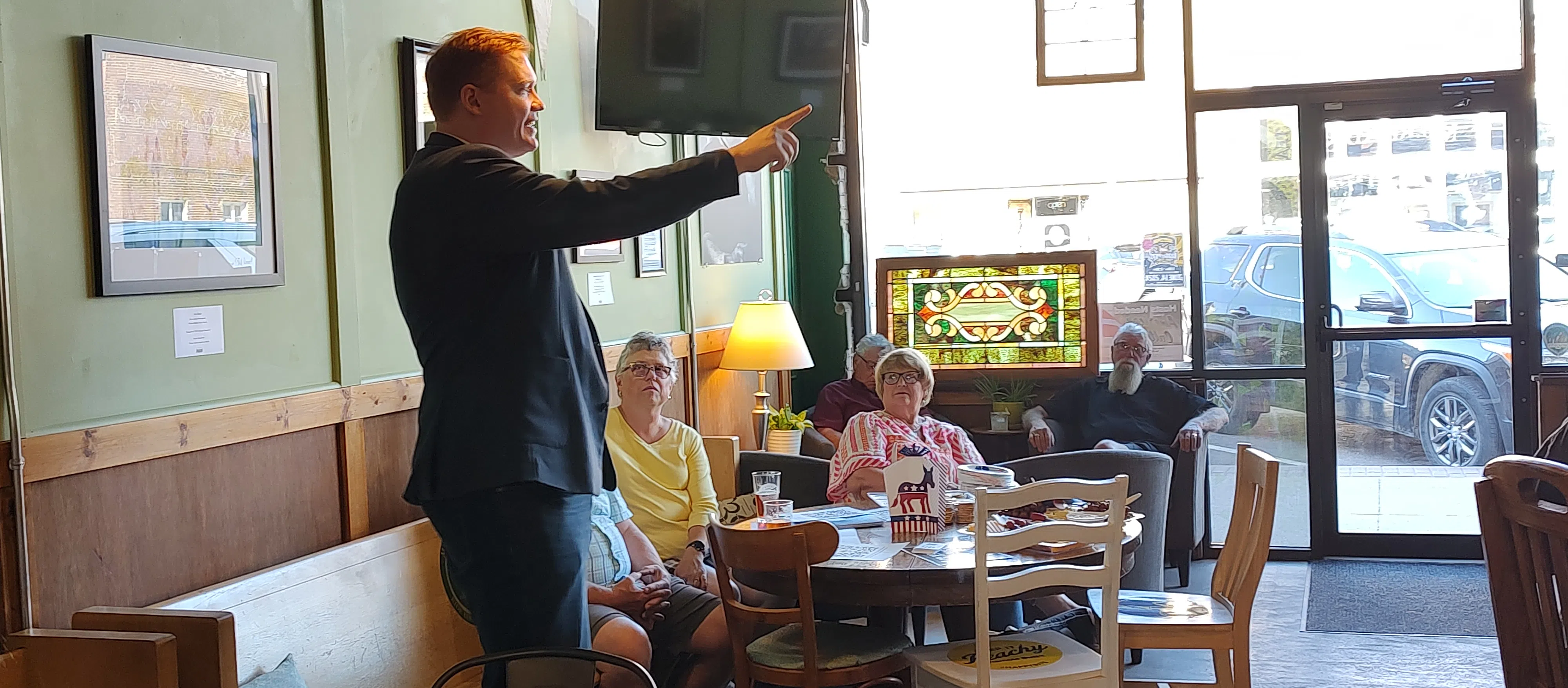 US Second Congressional District candidate Matt Kleinmann meets with constituents in Emporia Monday