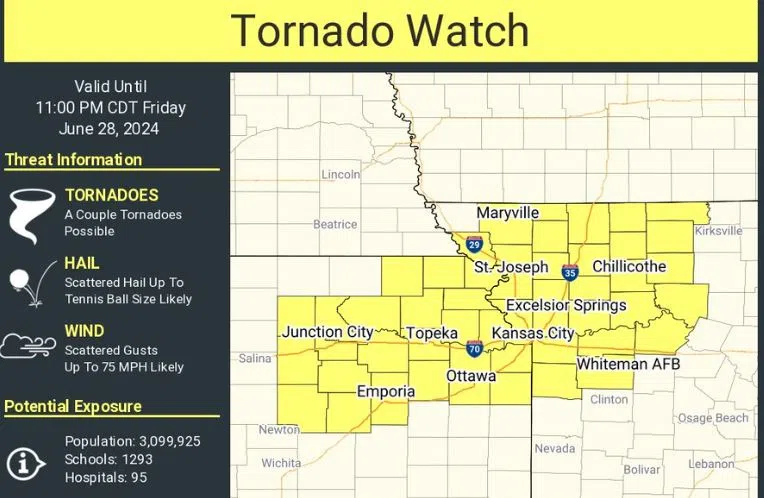 WEATHER: Tornado watch issued for Lyon and most surrounding counties through 11 pm Friday