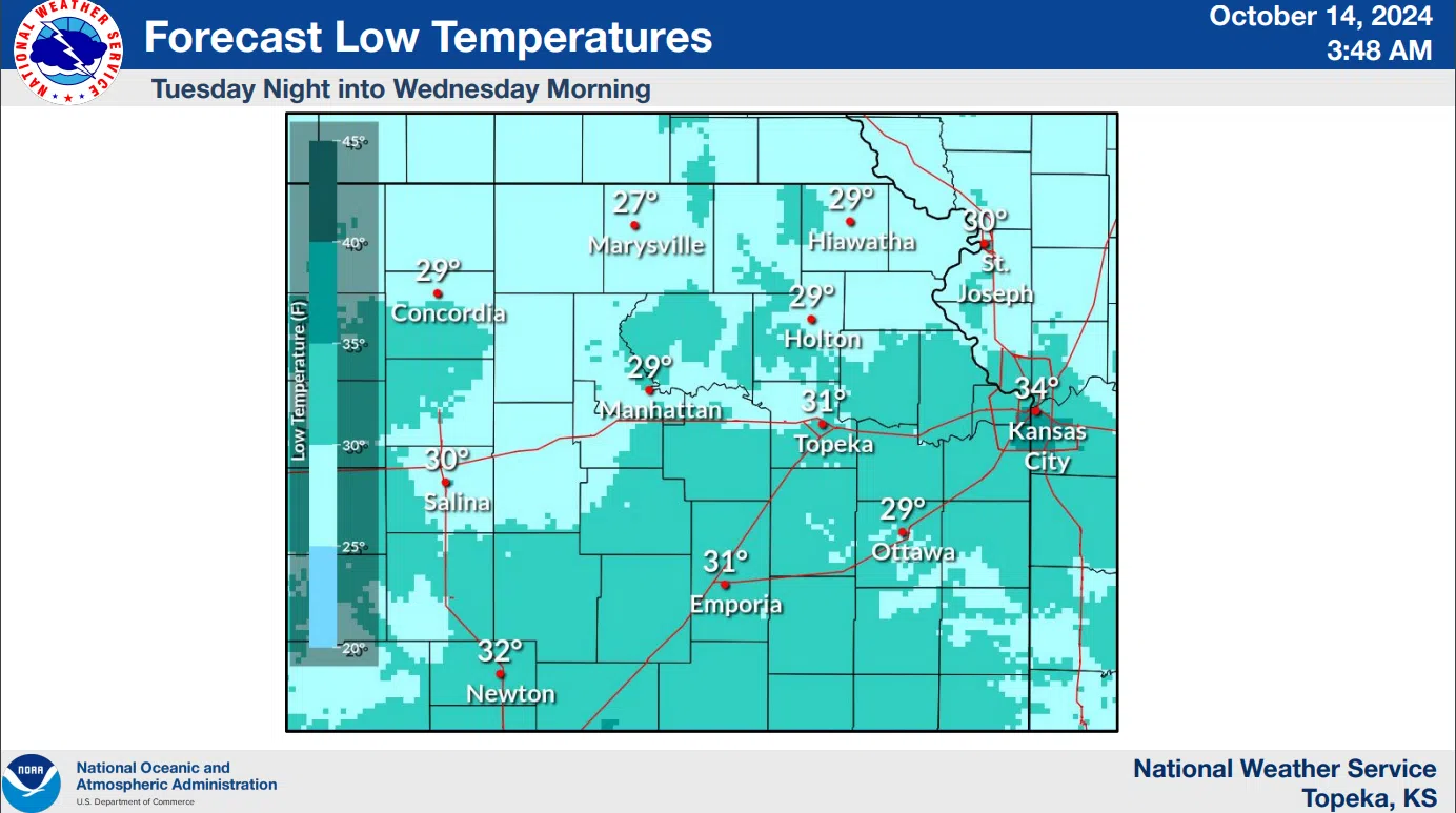 Freeze watch announced for Lyon, most surrounding counties early Wednesday