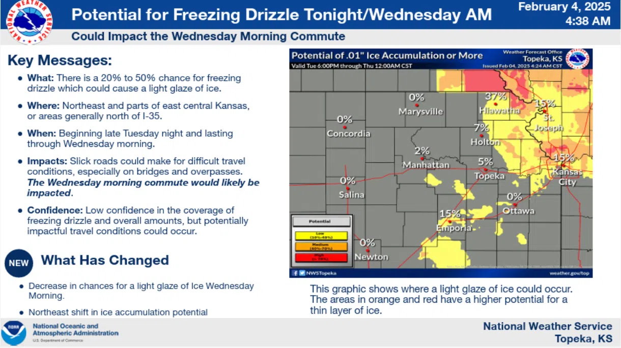 Isolated freezing drizzle possible early Wednesday