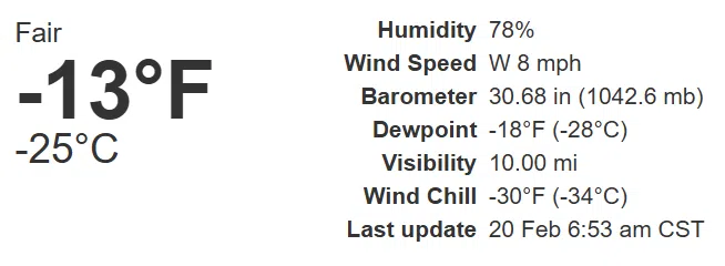 Record cold confirmed with air temperature dipping to -13; wind chills as low as -30