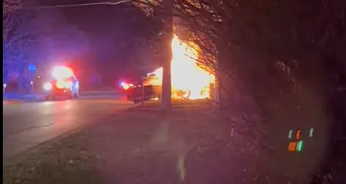 Investigation underway after pickup catches fire, crashes into light pole in Emporia