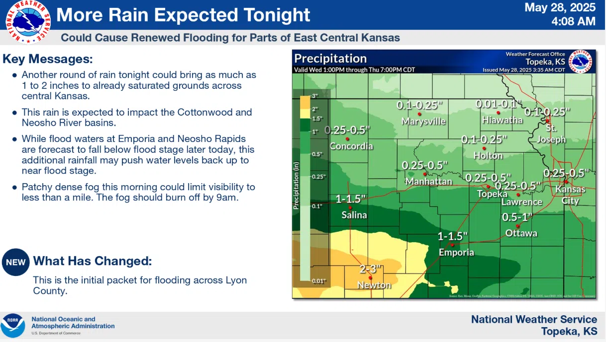 WEATHER: Cottonwood near Florence and Neosho at Neosho Rapids remain in flood warnings with additional precipitation expected through Thursday evening
