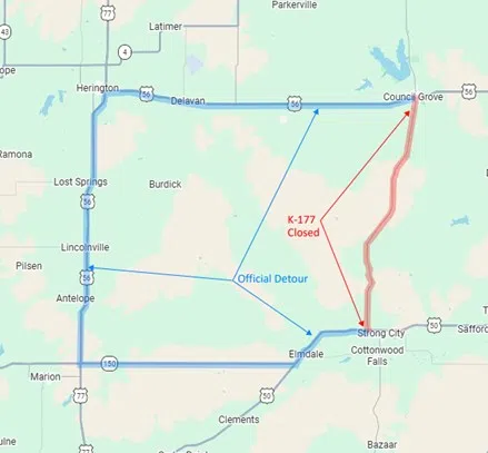 Significant detour ahead for K-177 drivers between Council Grove, Strong City beginning Monday