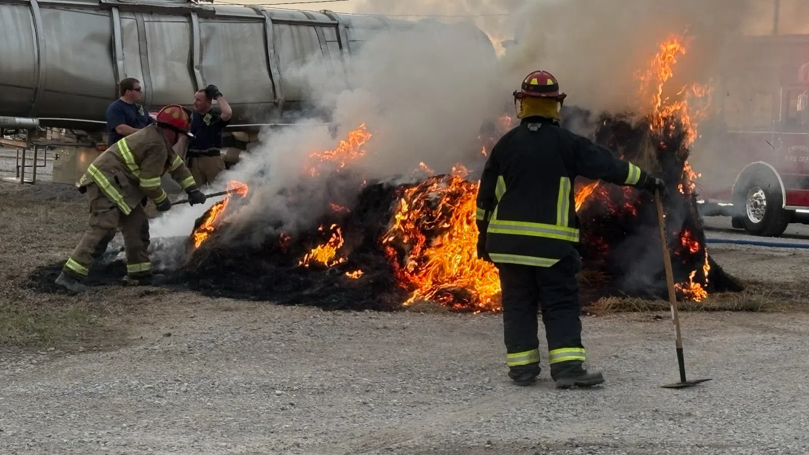 No injuries to humans or livestock after hay bale fire at Emporia's F&F Feeds on Wednesday