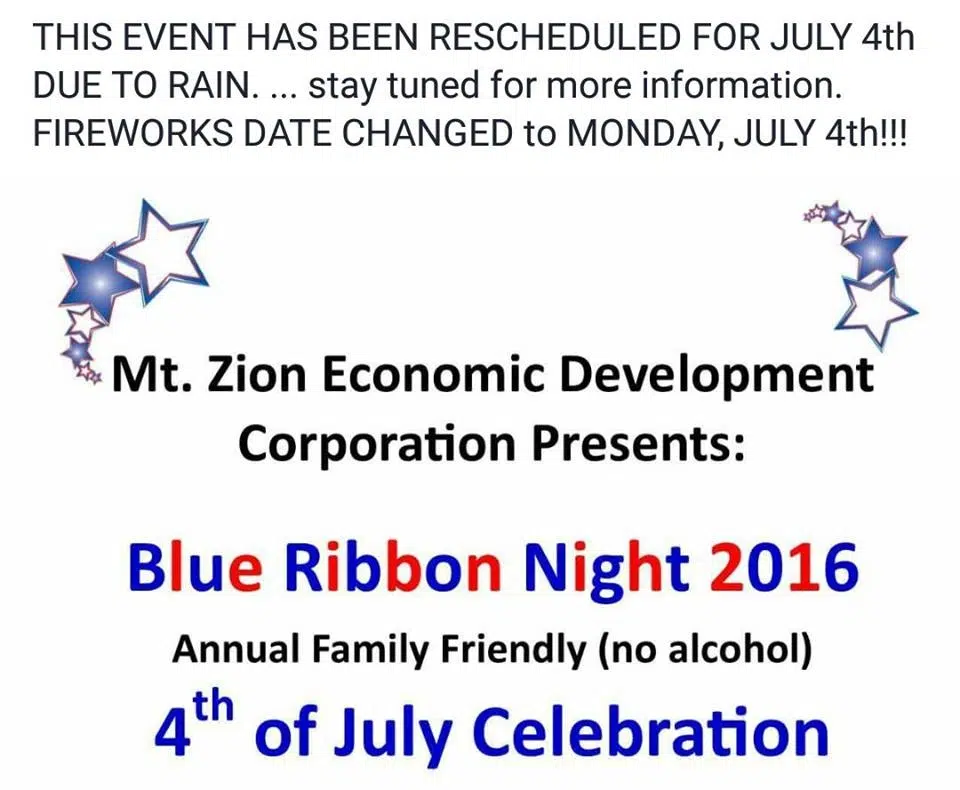 Mt. Zion Blue Ribbon Night Celebration Moved to Monday, July 4th