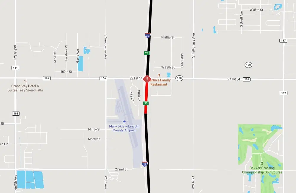 A screenshot of a traffic map showing a red road closure on I-29 near the Tea exit.
