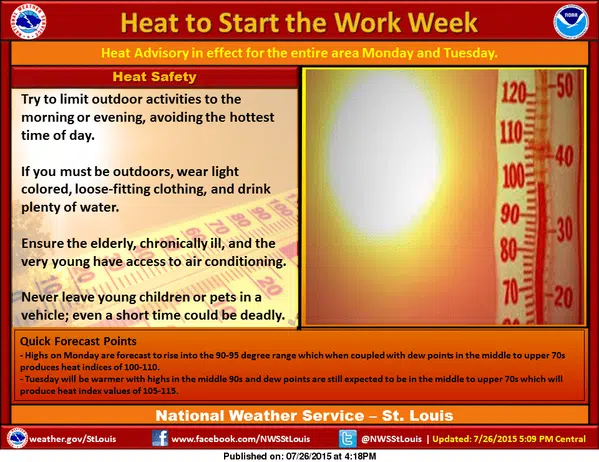 Heat Advisory from noon today until 9 pm Tuesday 