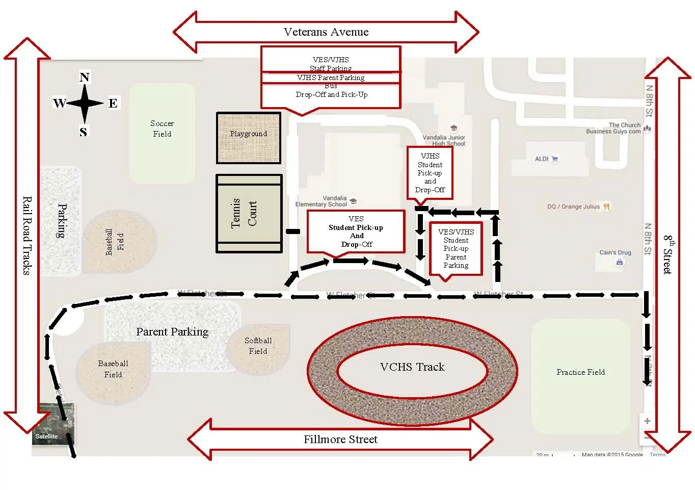 Vandalia Schools Traffic Flow Map for PreK-8th grade area 