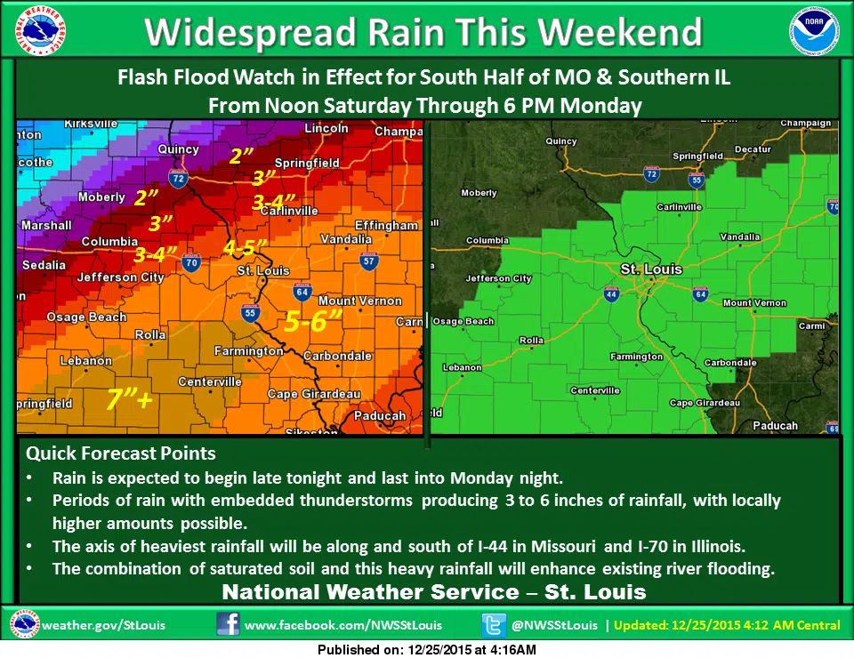 Flash Flood Watch for area from Saturday afternoon thru Monday afternoon 