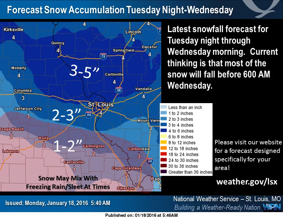 NWS in St. Louis latest snowfall predictions for Tues night/Wed morning 