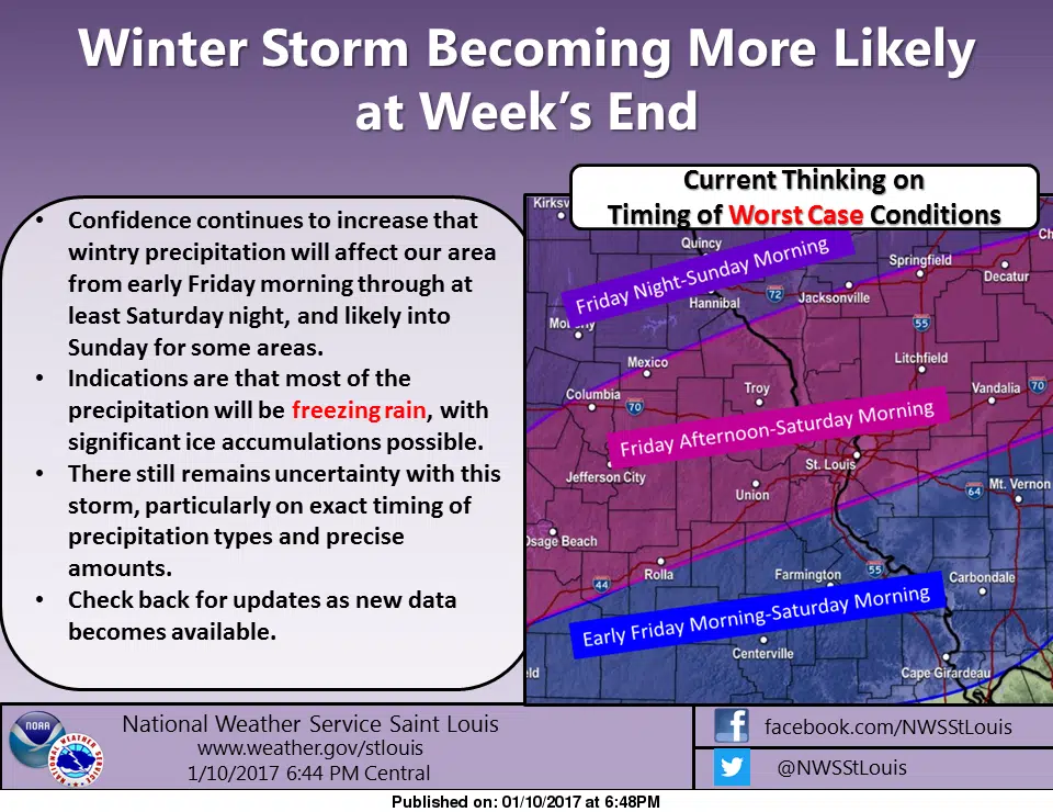 Weekend forecast shows chance of freezing rain from Friday afternoon thru Sunday morning 