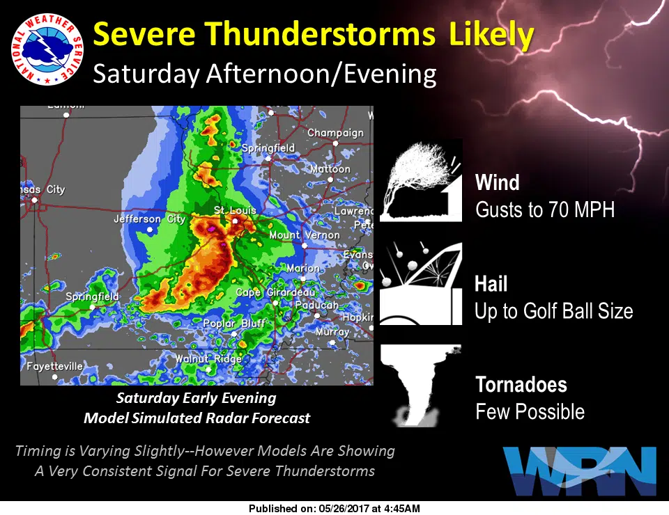 Updated weather information for Saturday afternoon/evening--Severe Storms expected 