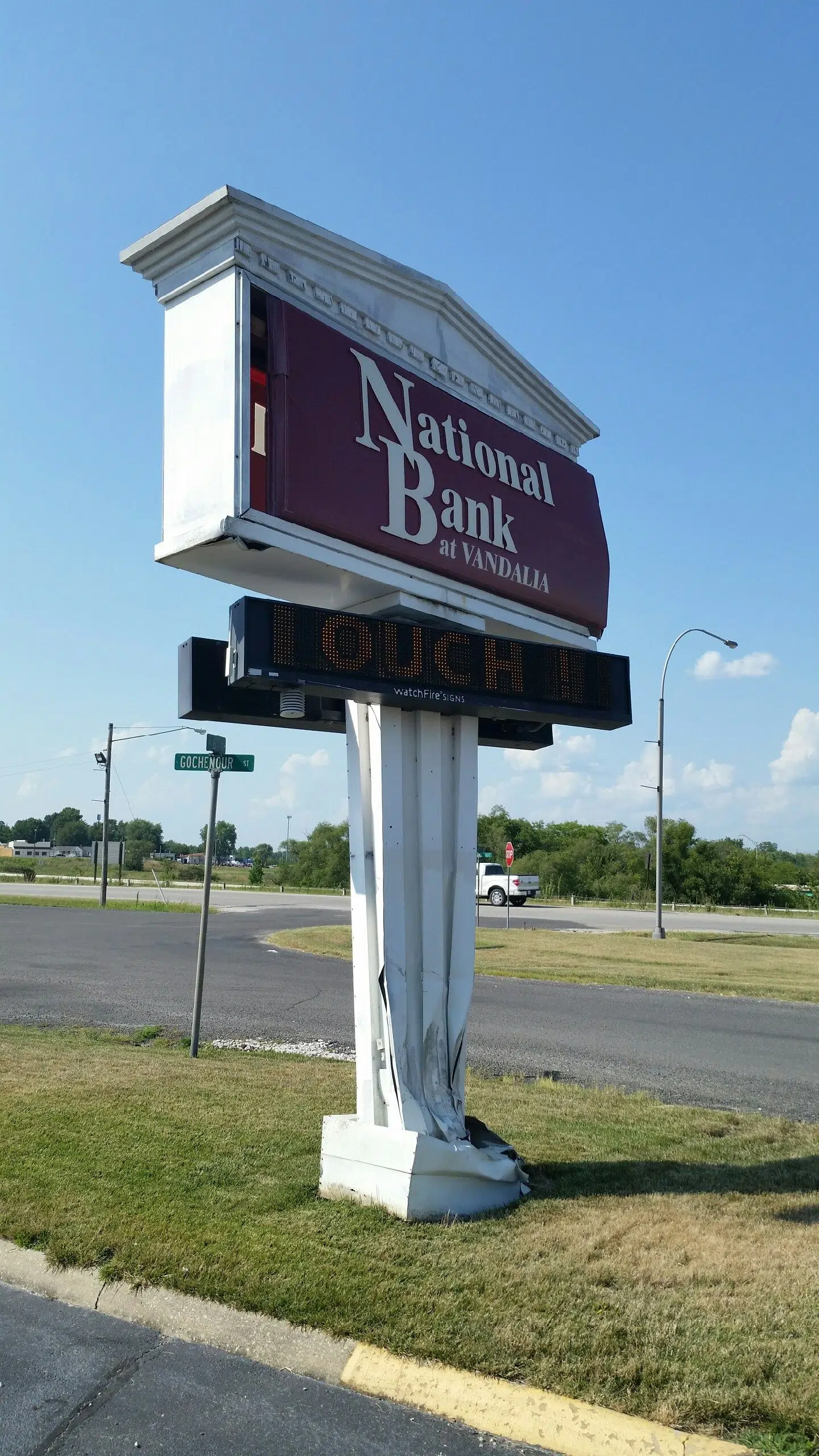 National Bank sign struck and damaged on Friday 