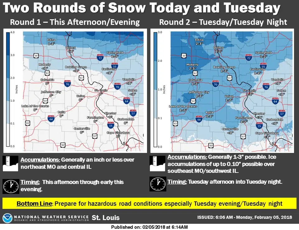 Cold and Snow for today and tonight, more snow for Tuesday night 