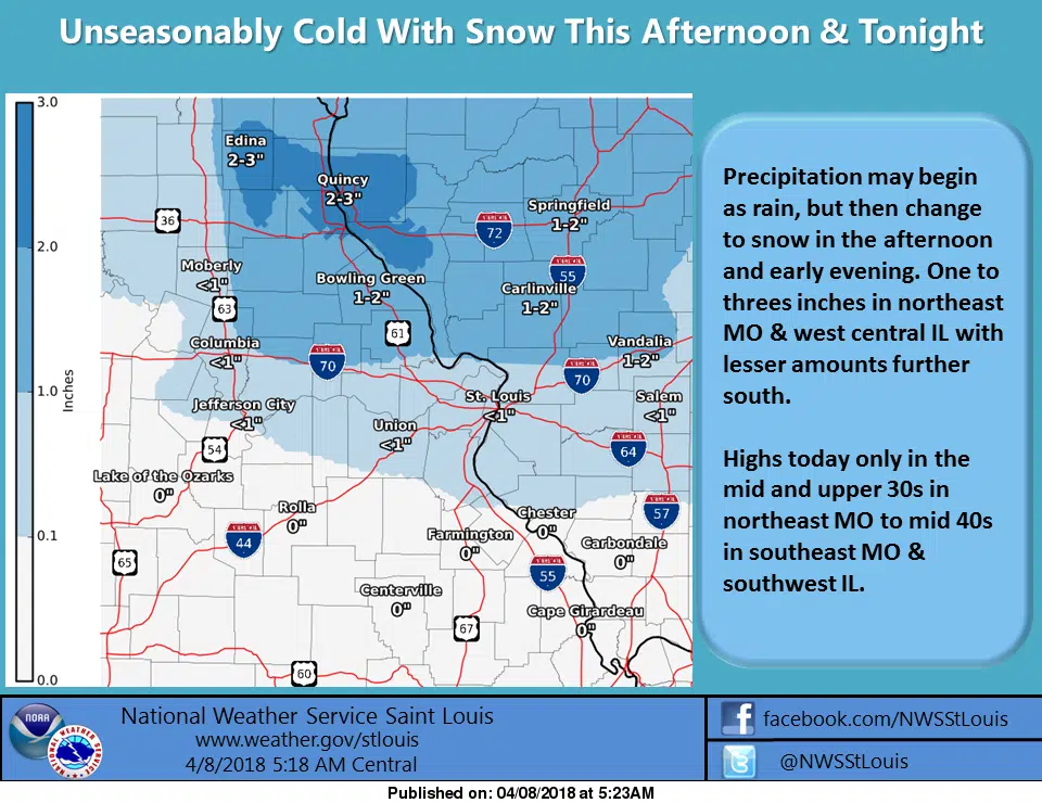 Temps in the 40s for today, snow on the way for tonight---up to one inch possible 