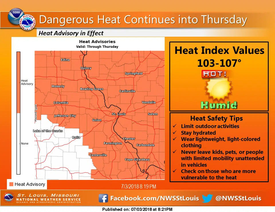 Heat Advisory in effect beginning at noon today, running until 8 pm Thursday 