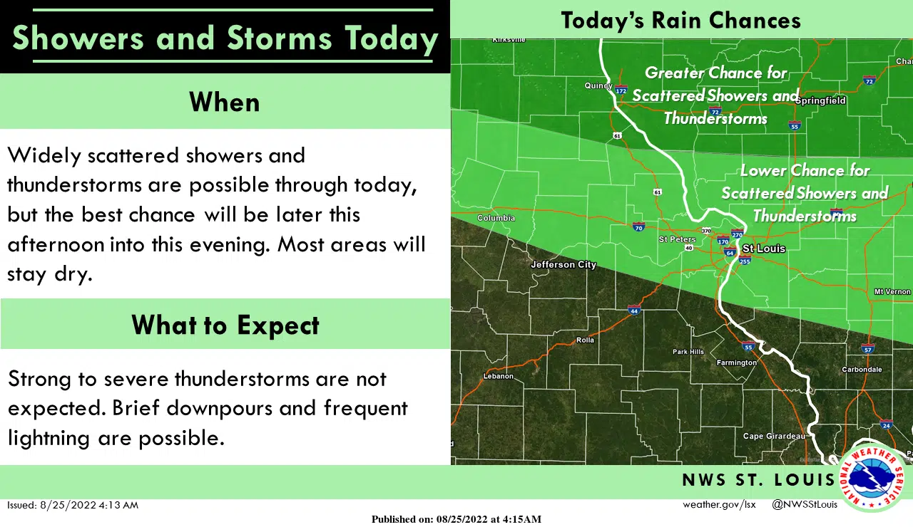 Sunny Today with rain just to our north and a chance of a shower or t-storm tonight