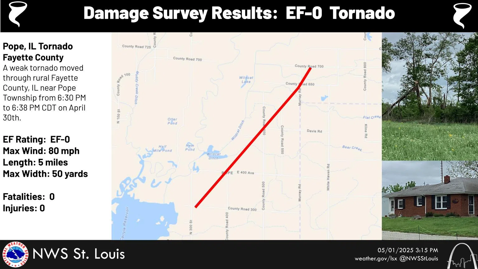 Two Tornadoes in Fayette Co Wednesday-- one was an EF-0 Tornado near Pope Township