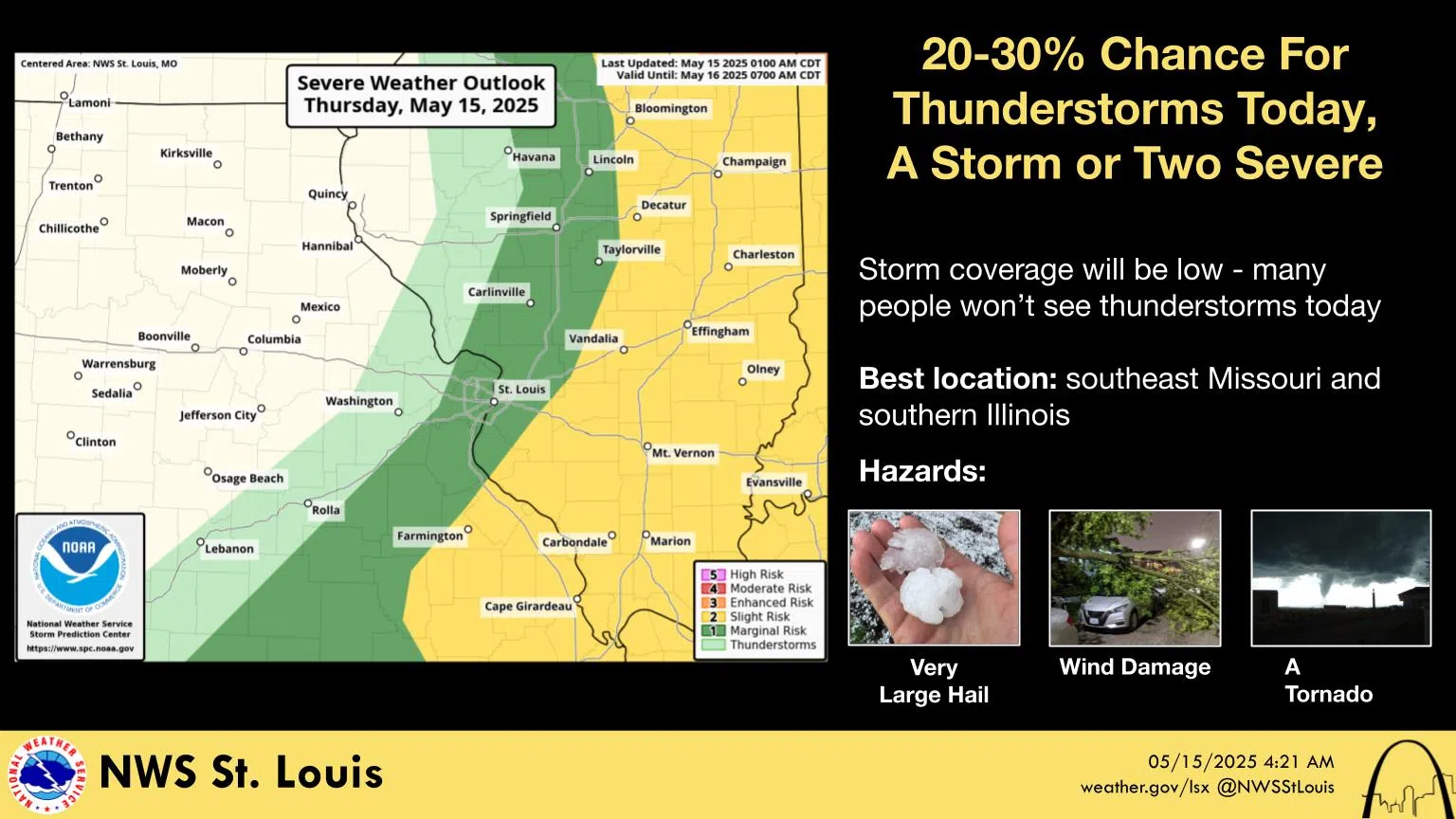 Partly Sunny & Warm Today---Chance of Severe Storms this evening and tonight, Greater Severe Weather change on Friday