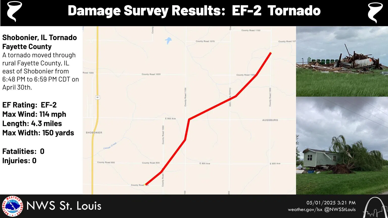 Two Tornadoes in Fayette Co on Wednesday--One an EF-2 Tornado near Shobonier