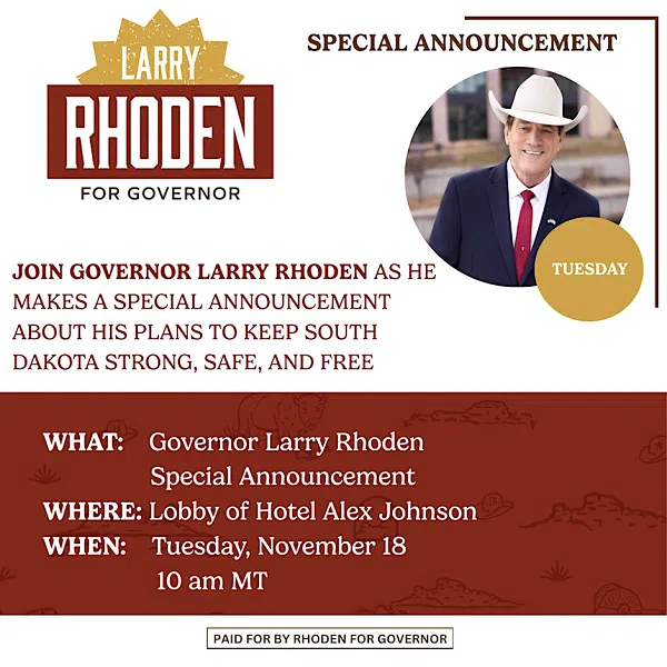 Rhoden holding gathering Tuesday in Rapid City to give a "special announcement"