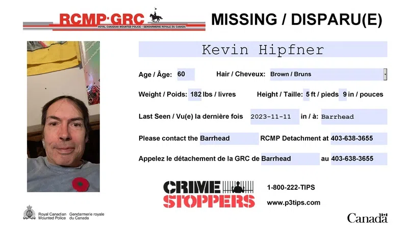 Missing: Kevin Hipfner, 60, of Barrhead | XM 105