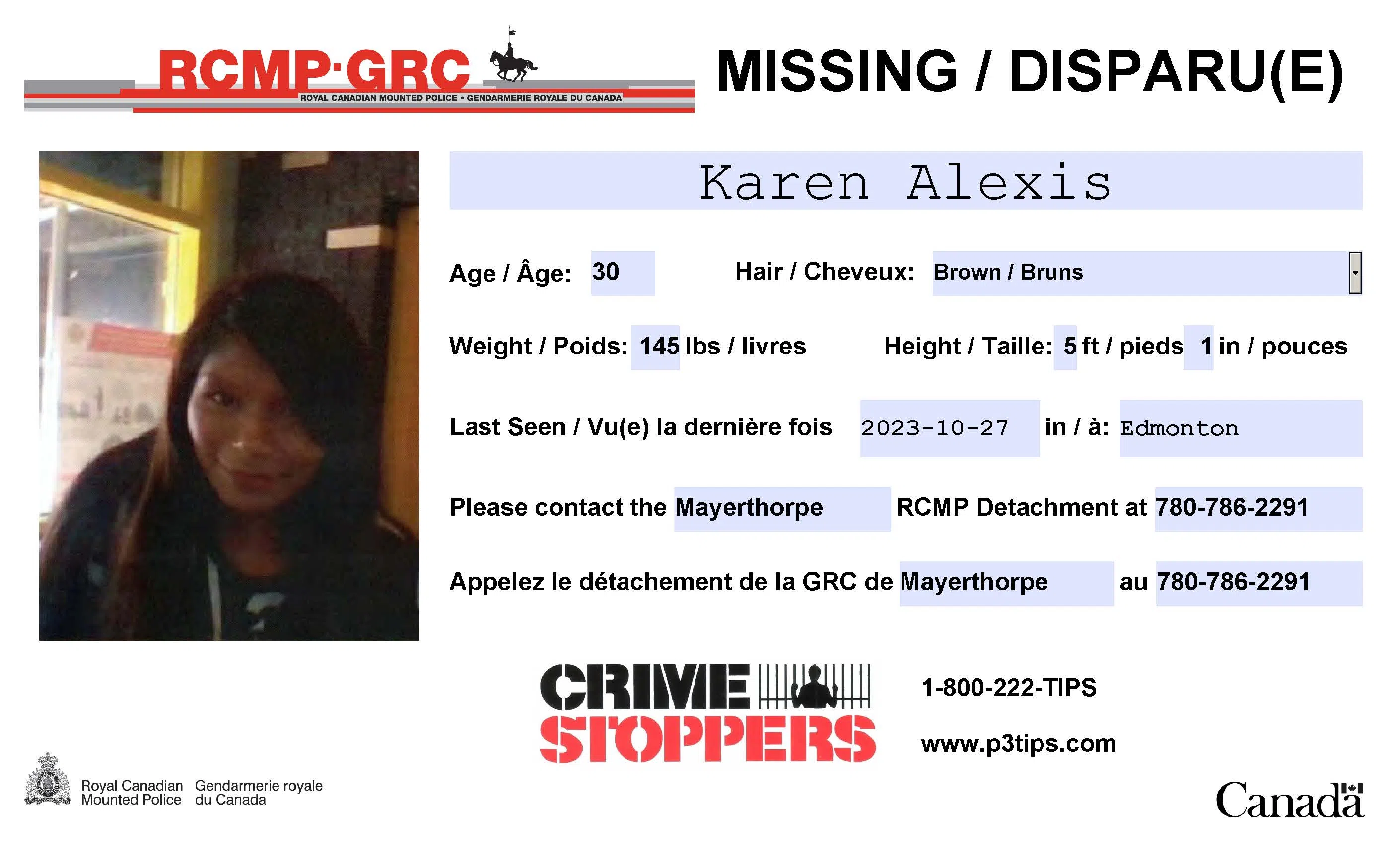 MISSING PERSON: Karen Alexis, 30, of Mayerthorpe