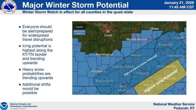 Major Winter Storm Potential shared January 21, 2026. Map showing where the highest heavy snow and icing potential can be in the quad state with focus on Western Kentucky