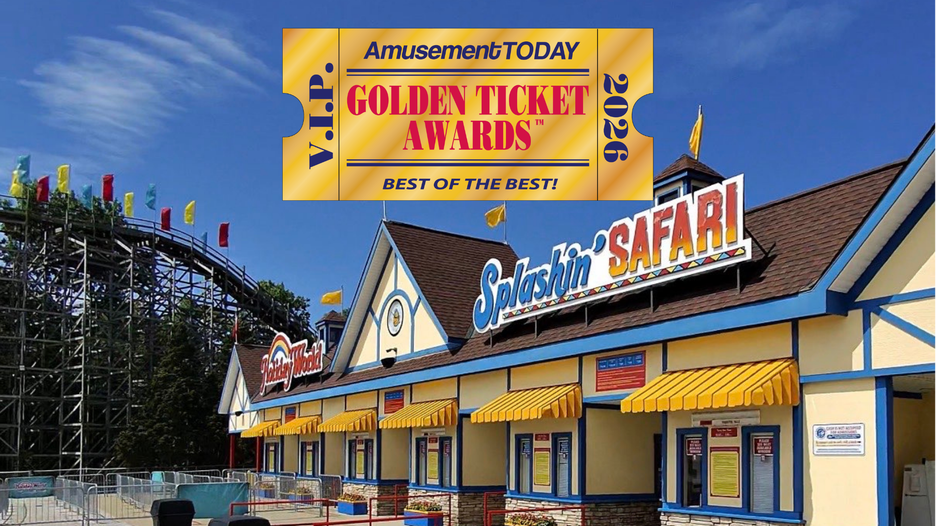 Photo of Holiday World entrance with Golden Ticket Award above