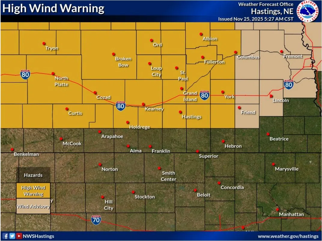 周二 I-80 州际县周边和北部地区发布大风警告