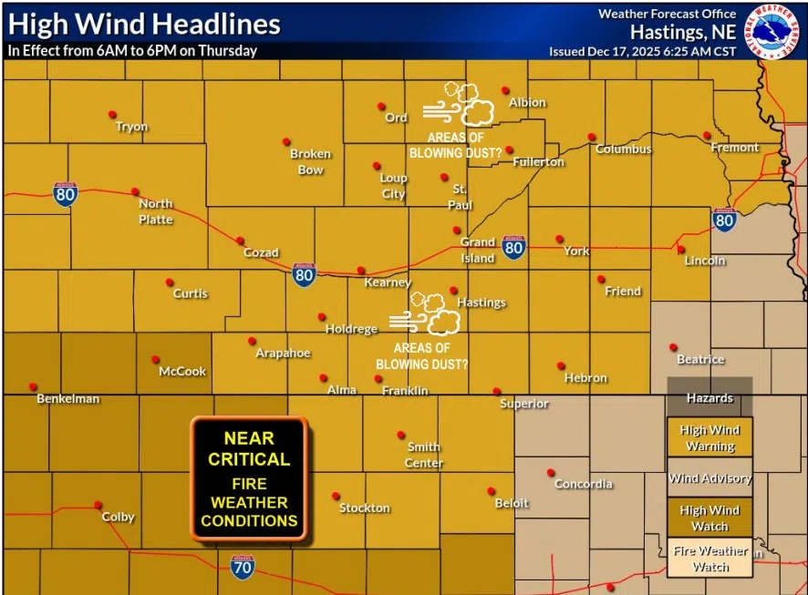 High Wind Warning issued for central Nebraska on Thursday, winds could gust up to 60 mph