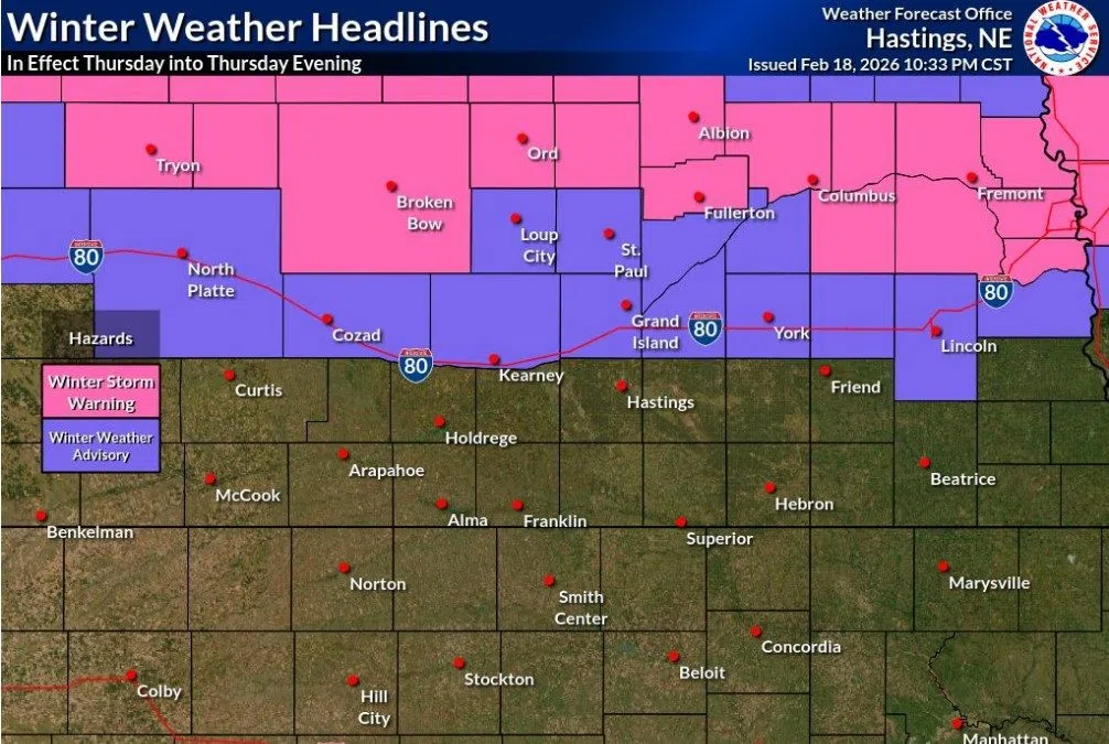 Winter Weather Advisory issued for I-80 corridor, Winter Storm Warning for north central Nebraska