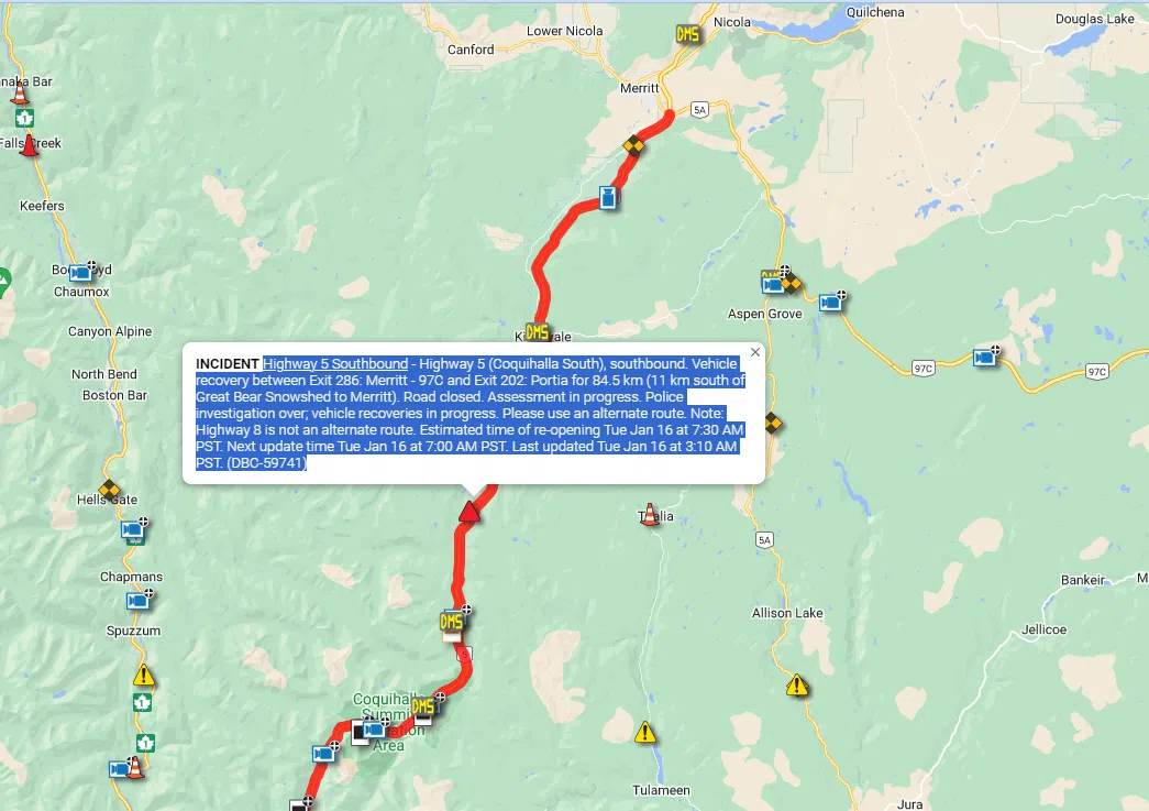 Coquihalla South Highway 5 Merritt to Hope closed due to vehicle