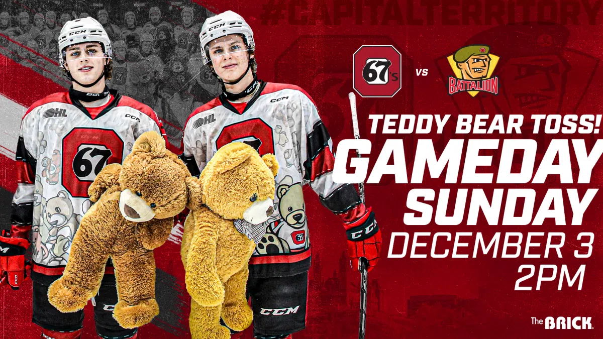 Ottawa 67’s Teddy Bear Toss, Sunday Afternoon December 3rd TD Place
