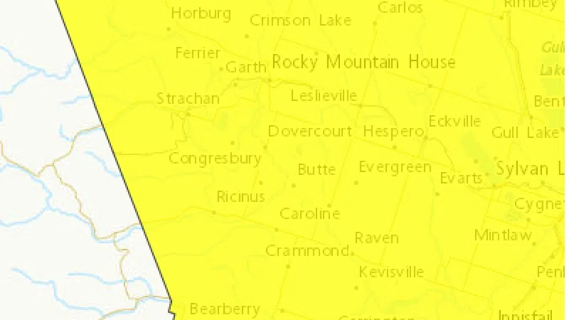Rocky Mountain House, Caroline areas under Severe Thunderstorm Watch
