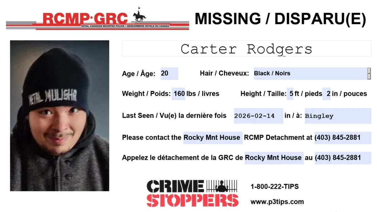 Missing: Carter Rodgers, 20, of Rocky Mountain House