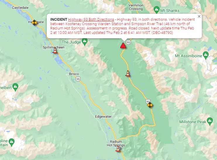 Highway 93 closed north of Radium Hot Springs