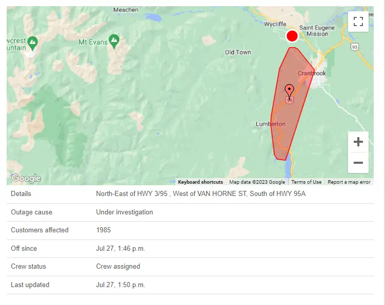 Power outage for several properties in Cranbrook, Lumberton and Wycliffe
