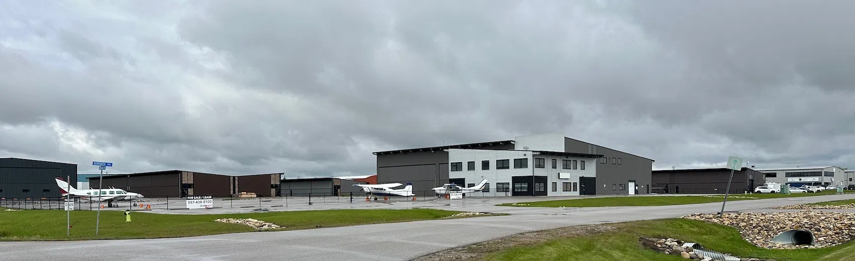 A view of MRU's Aviation facility in Springbank on a cloudy day